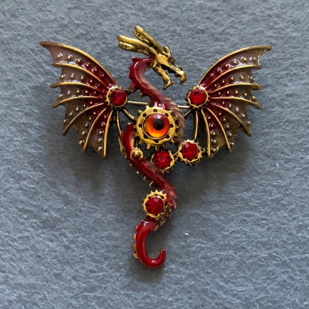 Red Enamel Steampunk Dragon Brooch Pin Rhinestone Fantasy Gothic Gold Tone 2in